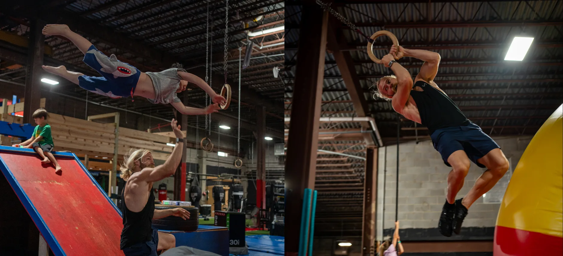 A young ninja flies through the air toward the rings while an instructor spots below at Ninjaletics